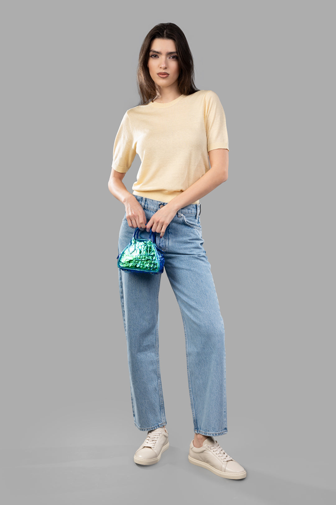By Malene Birger Lelle Sweater in Sea Mist, on-model front view, short sleeves, round neckline, casual style.