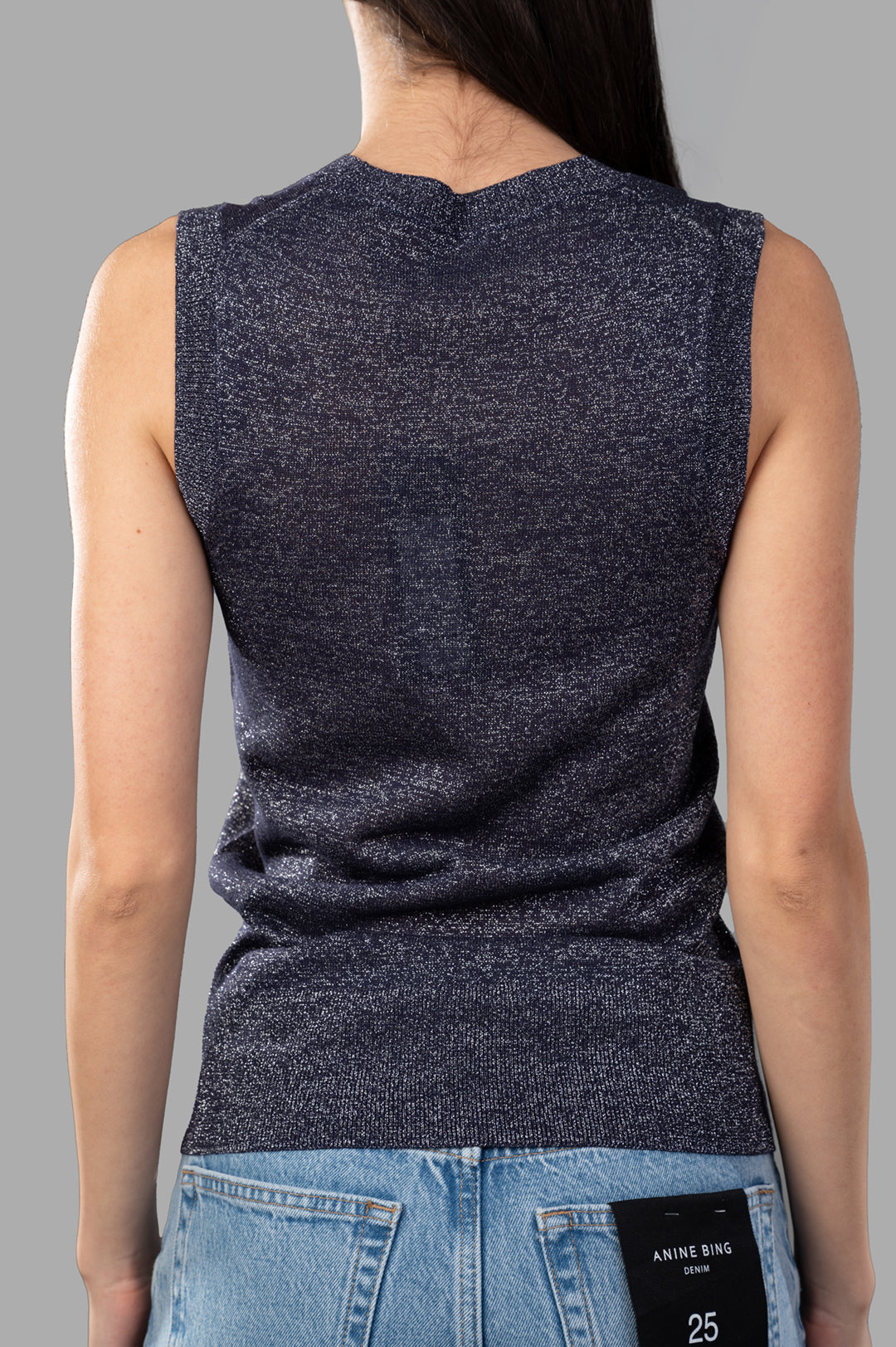 Joseph Lurex Knit Tank Top, Aurora purple, back view highlighting ribbed details and lightweight metallic finish.