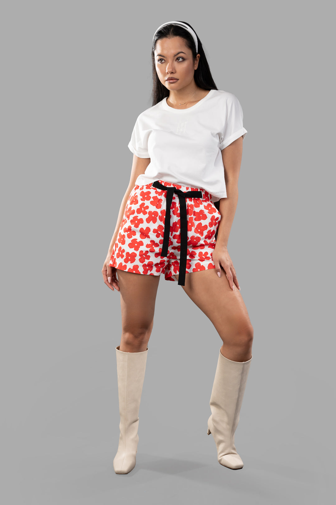 MSGM Floral-print Shorts, coral/white, on-model front view with red flowers, black drawstring, and stylish fit.