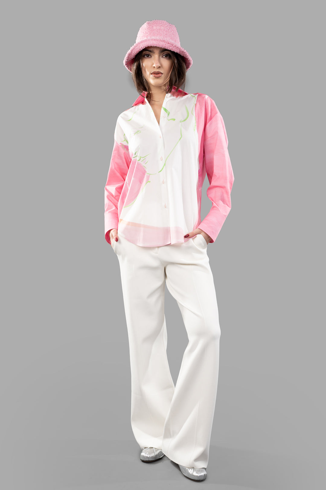 MSGM Fluid Print Shirt in white/pink, front view on model, features graphic design, Italian collar, and hidden buttons.