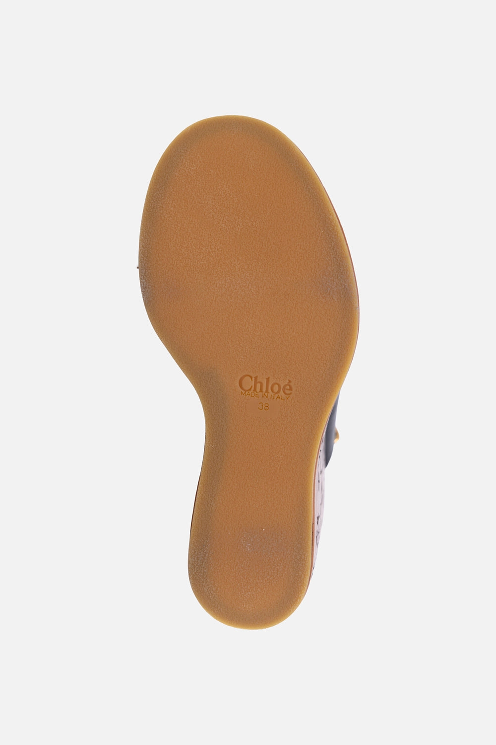 Pre-owned Chloé wedge sandals in black, sole view, logo stamp and size marking on outsole