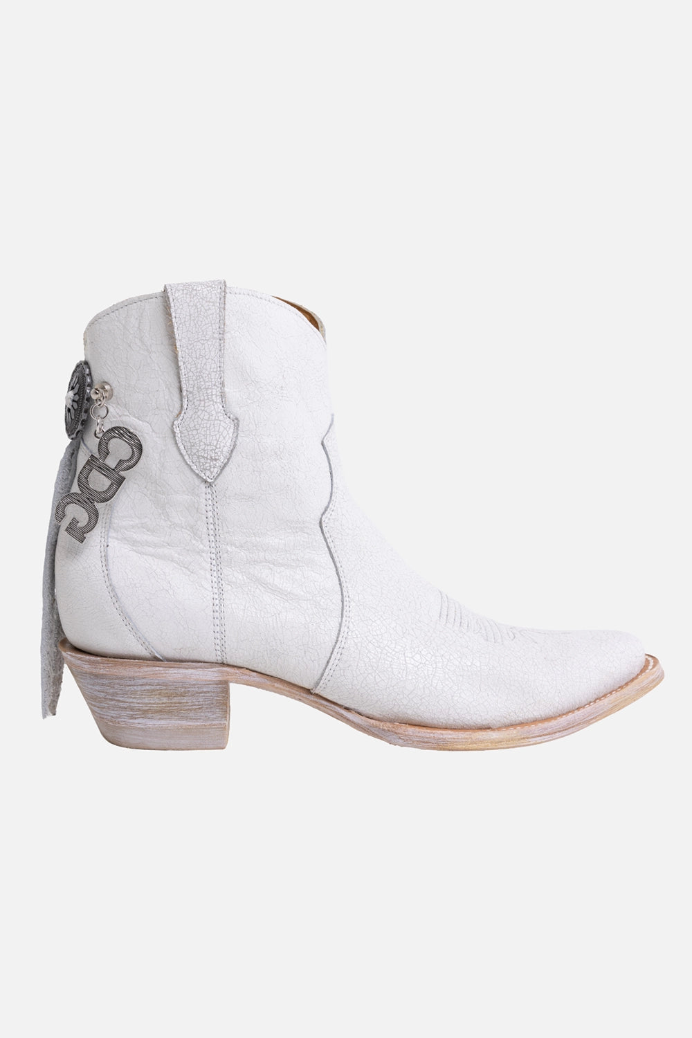 Comme des Garçons x Mexicana women's western ankle boots in white, side view with pointed toe and low block heel