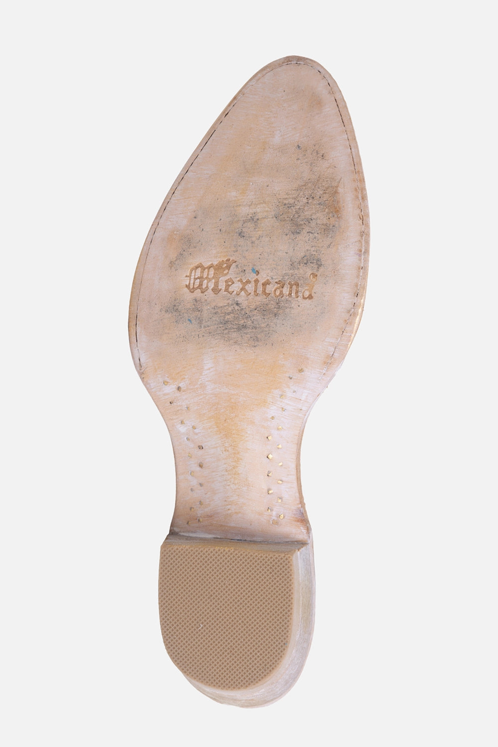 Comme des Garçons x Mexicana women's western ankle boots in white, sole view with leather outsole and rubber heel cap