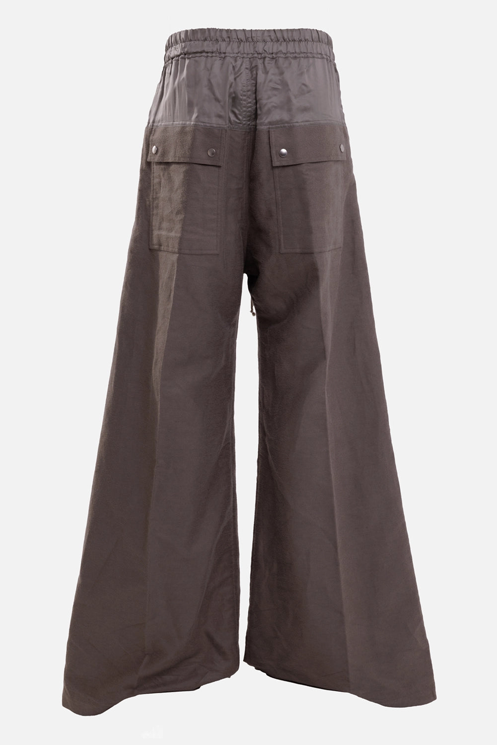 Rick Owens men's Wide Bela pants in Drk Pearl, back view with snap-flap pockets and contrasting cupro yoke