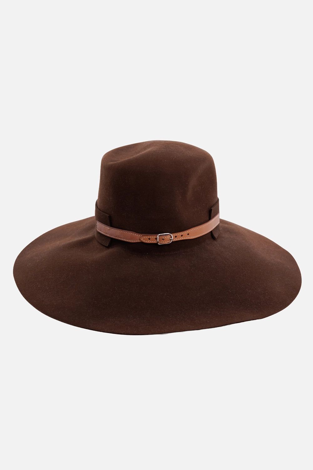 Hermès women's hat in brown, back view, leather buckle strap and soft beaver felt brim
