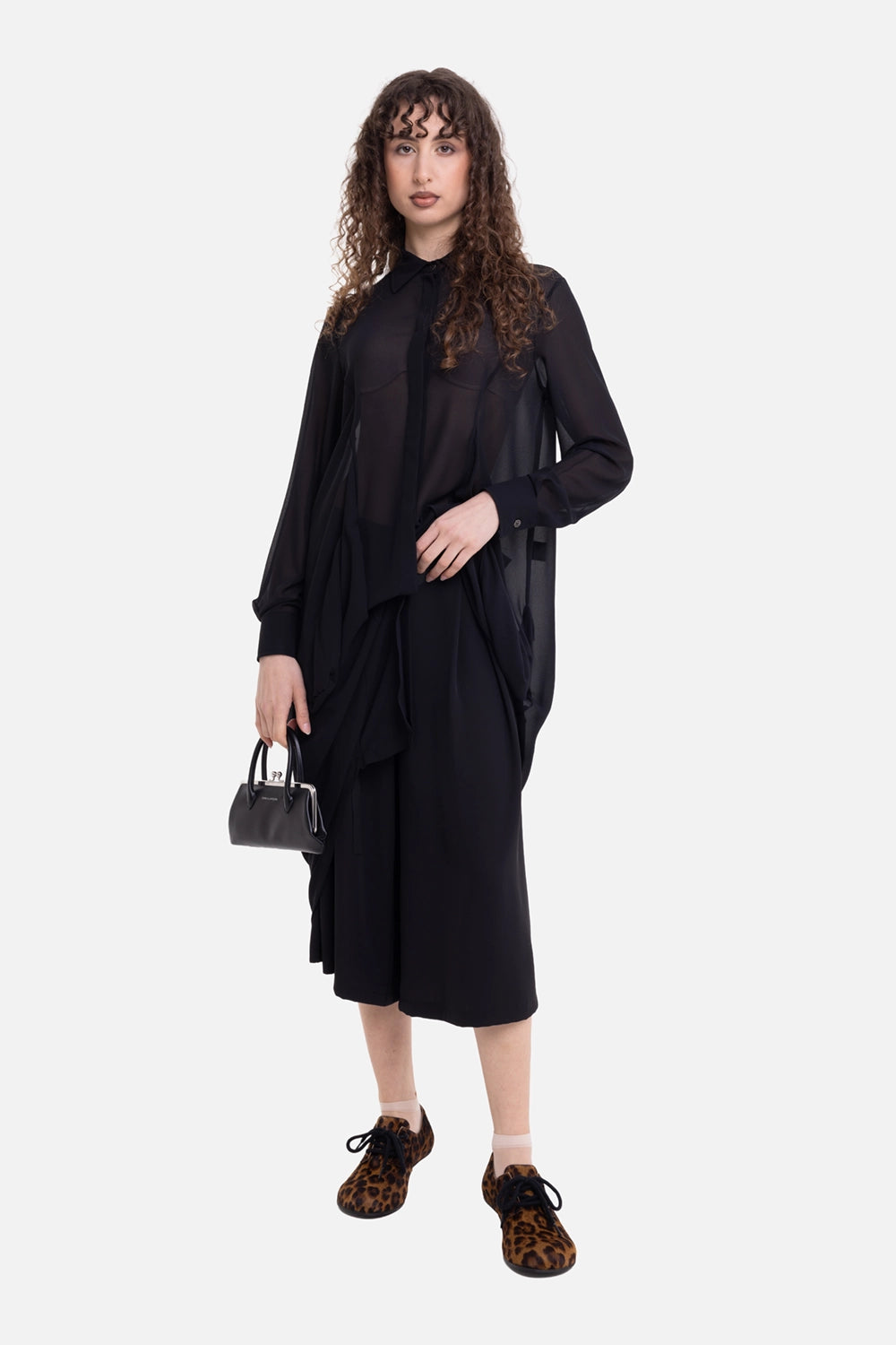 La Haine Inside Us women's culotte pants in black, on-model full-length view, front pleats and long belt
