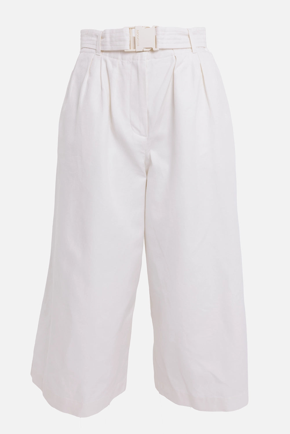 Moncler women's wide-leg culottes in off-white, front view with tonal buckle belt and deep pleats