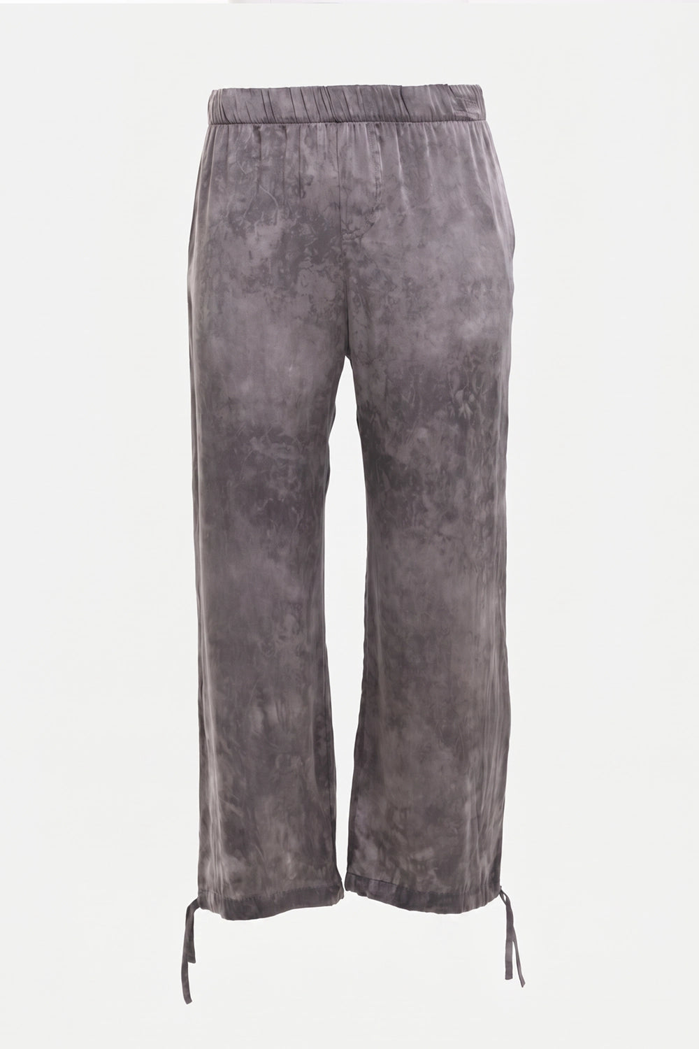 Avant Toi unisex wide-leg silk jogger pants in Fango, front view with elastic waist and hem ties