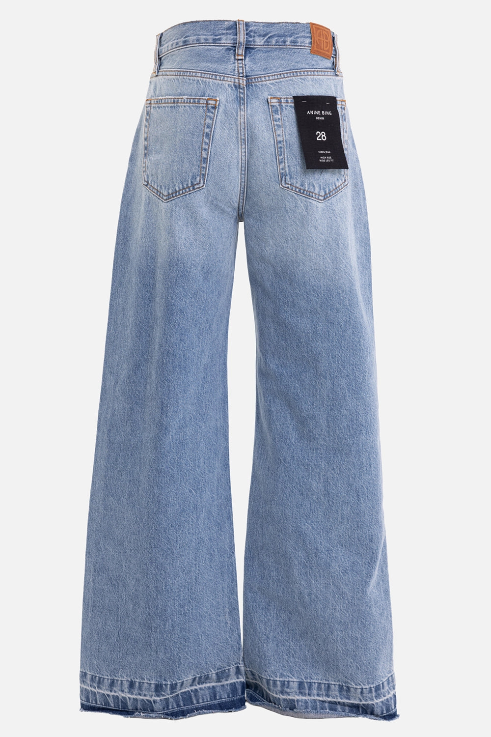 ANINE BING women's jeans in Caspian Blue, back view with leather logo patch and rear size tag