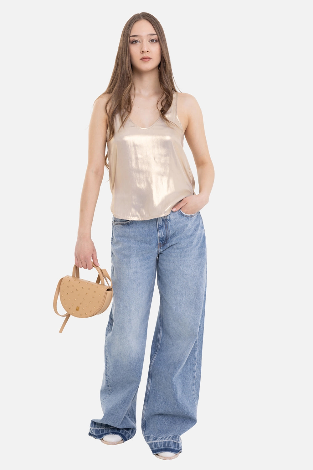 ANINE BING women's jeans in Caspian Blue, on-model full-length view with slouchy wide legs
