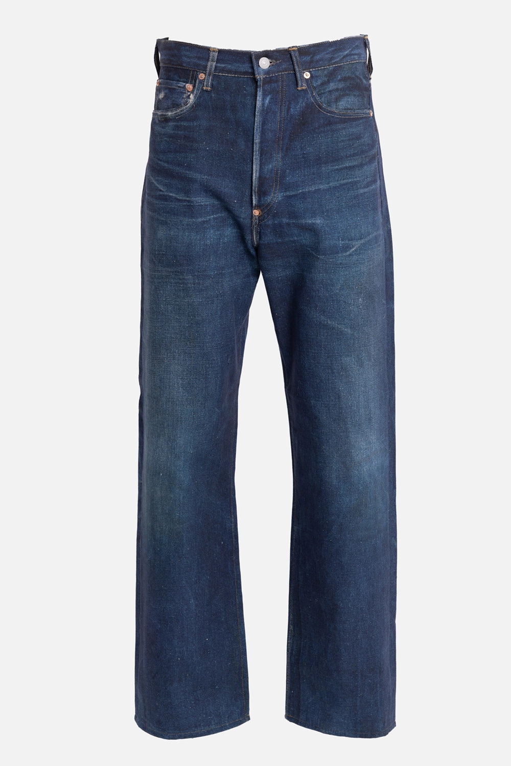 Junya Watanabe MAN men's wide-leg jeans in indigo, front view, button fly and copper rivets