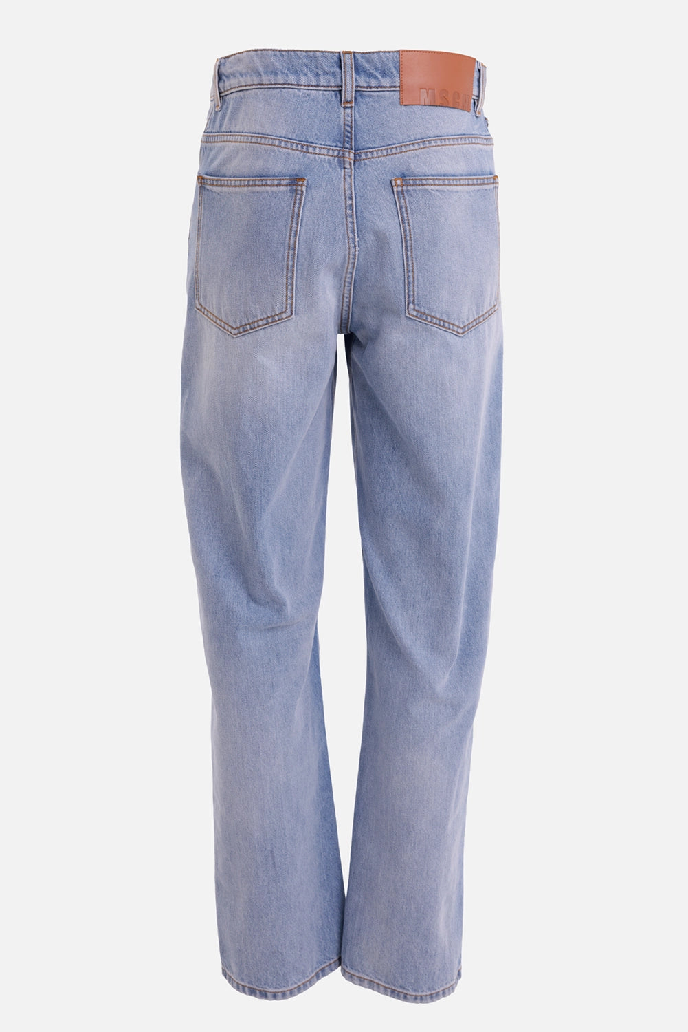 MSGM women's wide-leg jeans in light-wash blue, back view with patch pockets and tan logo waistband patch