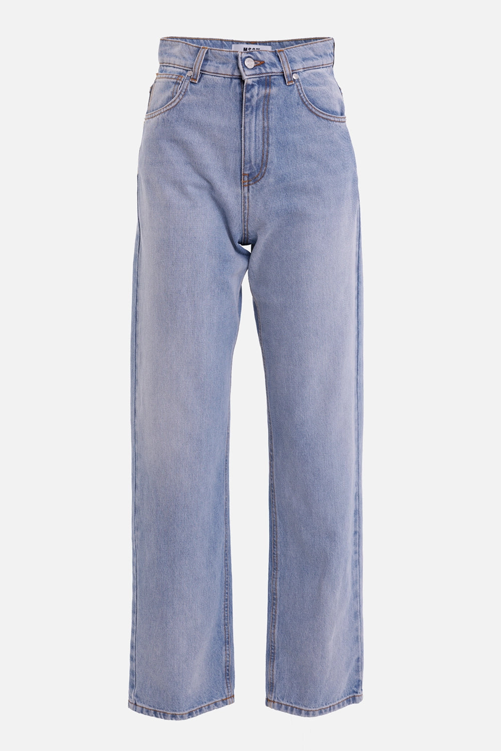 MSGM women's wide-leg jeans in light-wash blue, front view with belt loops, metal button and curved pockets
