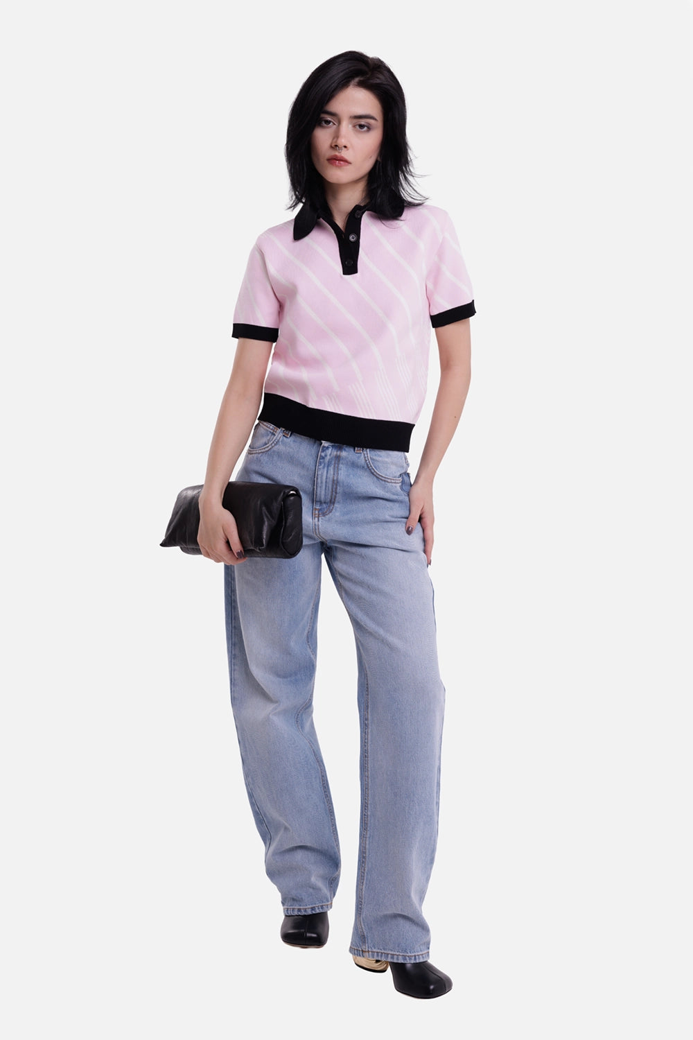 MSGM women's wide-leg jeans in light-wash blue, full-length model view with straight legs and five-pocket styling
