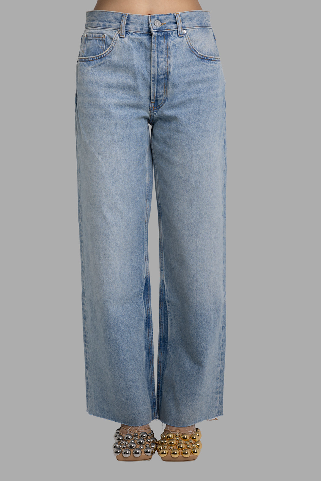 Anine Bing women's Tux Blue Manon wide-leg jeans, front view showing high-rise waist, five pockets and straight wide legs.