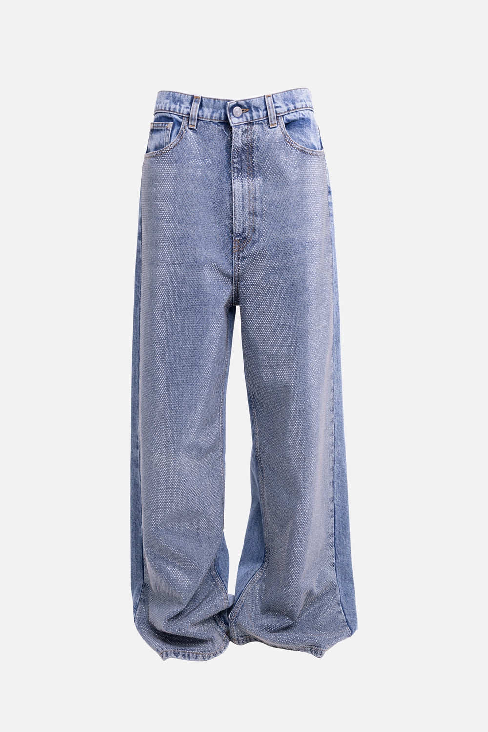 Pre-owned Stella McCartney women wide-leg jeans in vintage blue, front view, rhinestone-embellished front panels.