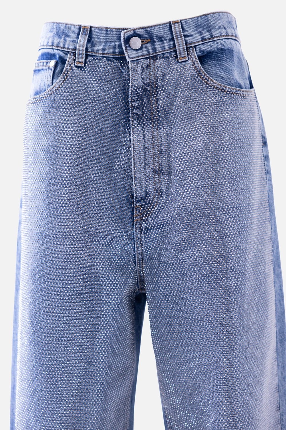 Pre-owned Stella McCartney women wide-leg jeans in vintage blue, waist close-up, silver-tone button and rhinestone mesh.