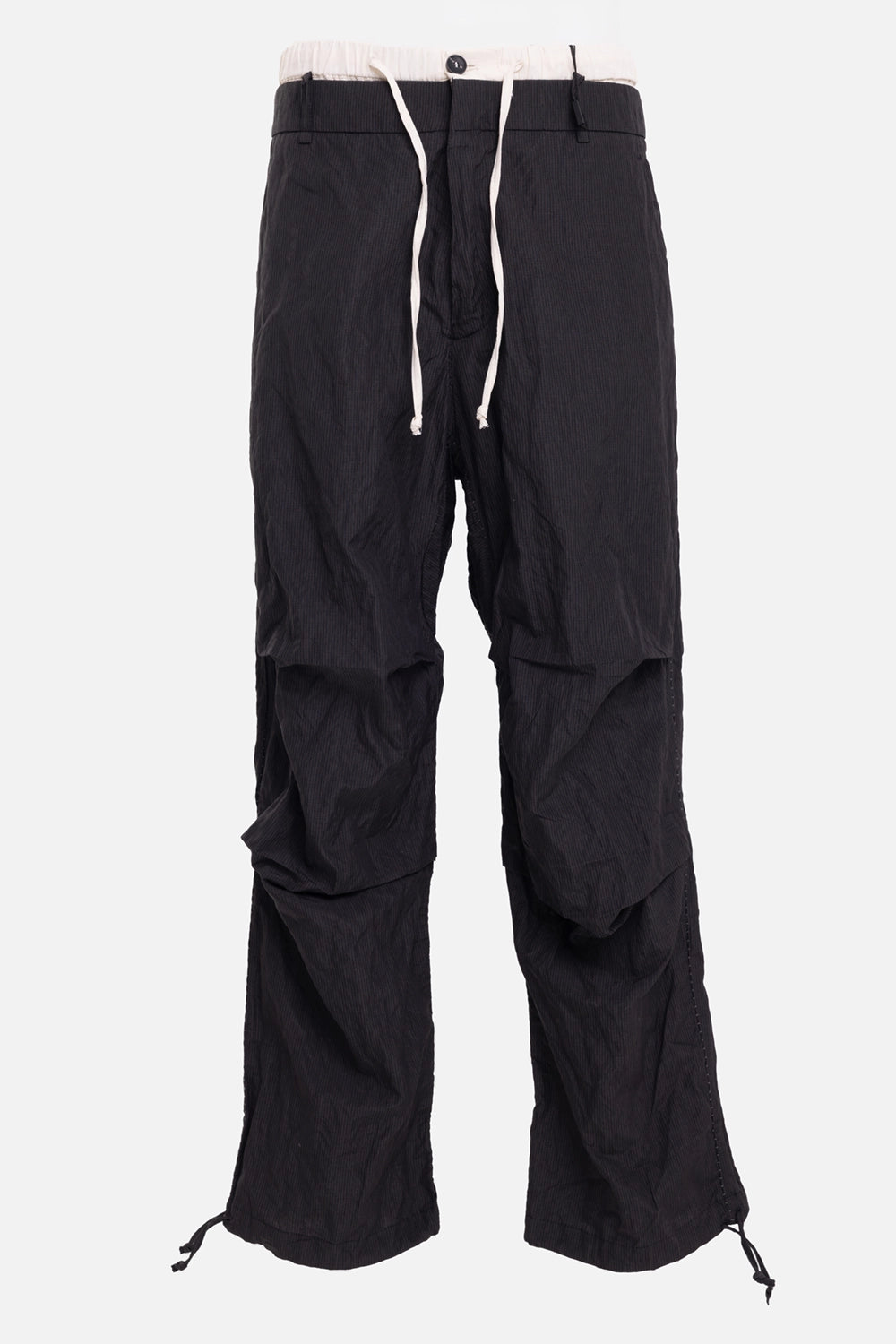 Masnada men's wide-leg pants in black, front view, fine stripe texture and drawstring hems