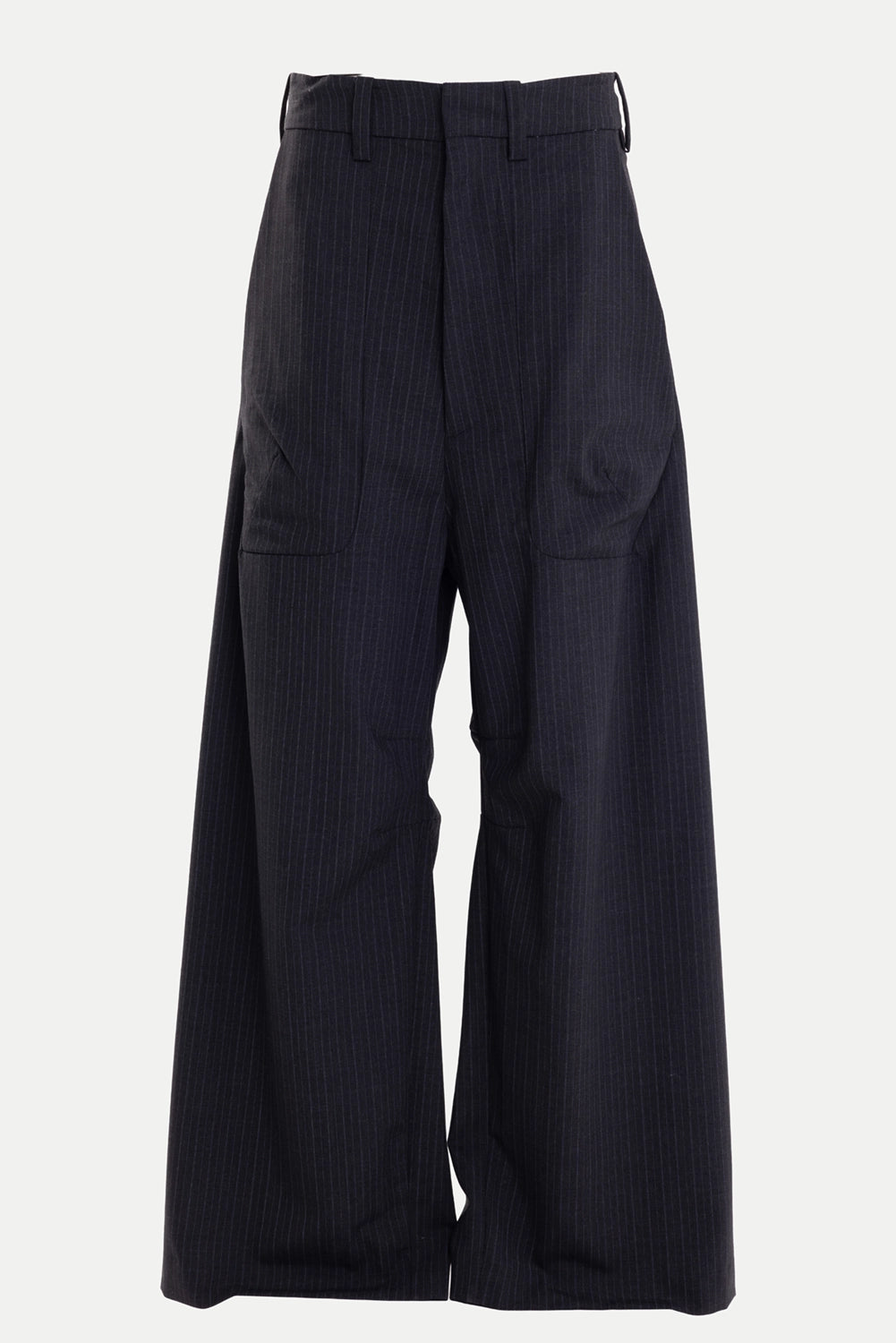 Torishéju women's wide-leg pants in dark navy pinstripe, front view, exposed pocket construction