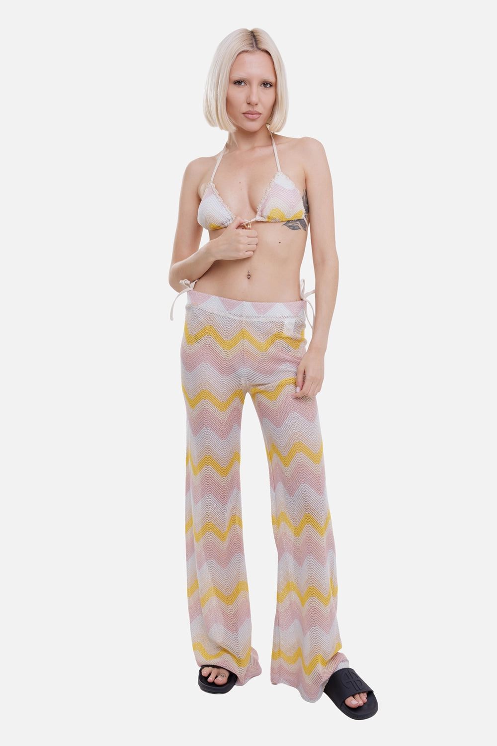 Anjuna women's wide-leg pants in multirose, on-model full length, zigzag crochet with flared legs