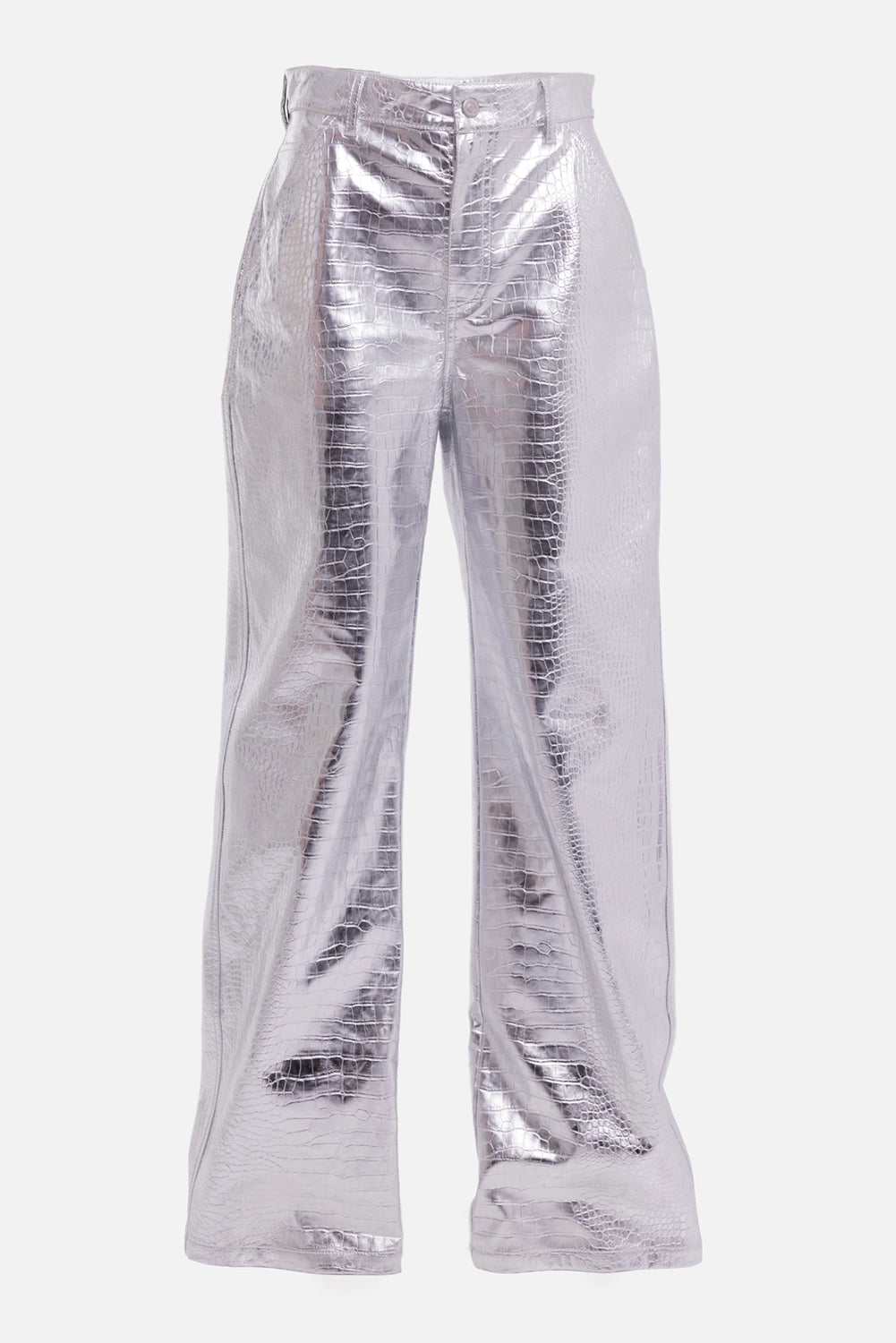 DES PHEMMES women's silver wide-leg pants, front view with metallic croc embossing, button fly and belt loops