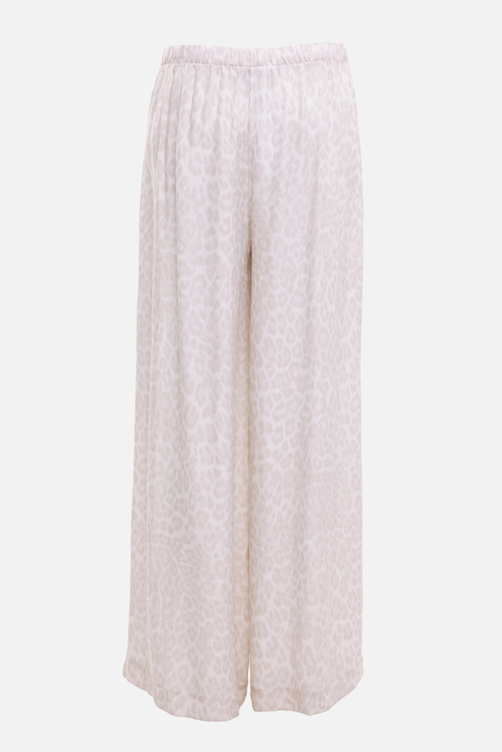 Anine Bing women's wide-leg pants in washed white leopard, back view, relaxed pull-on waist and soft drape