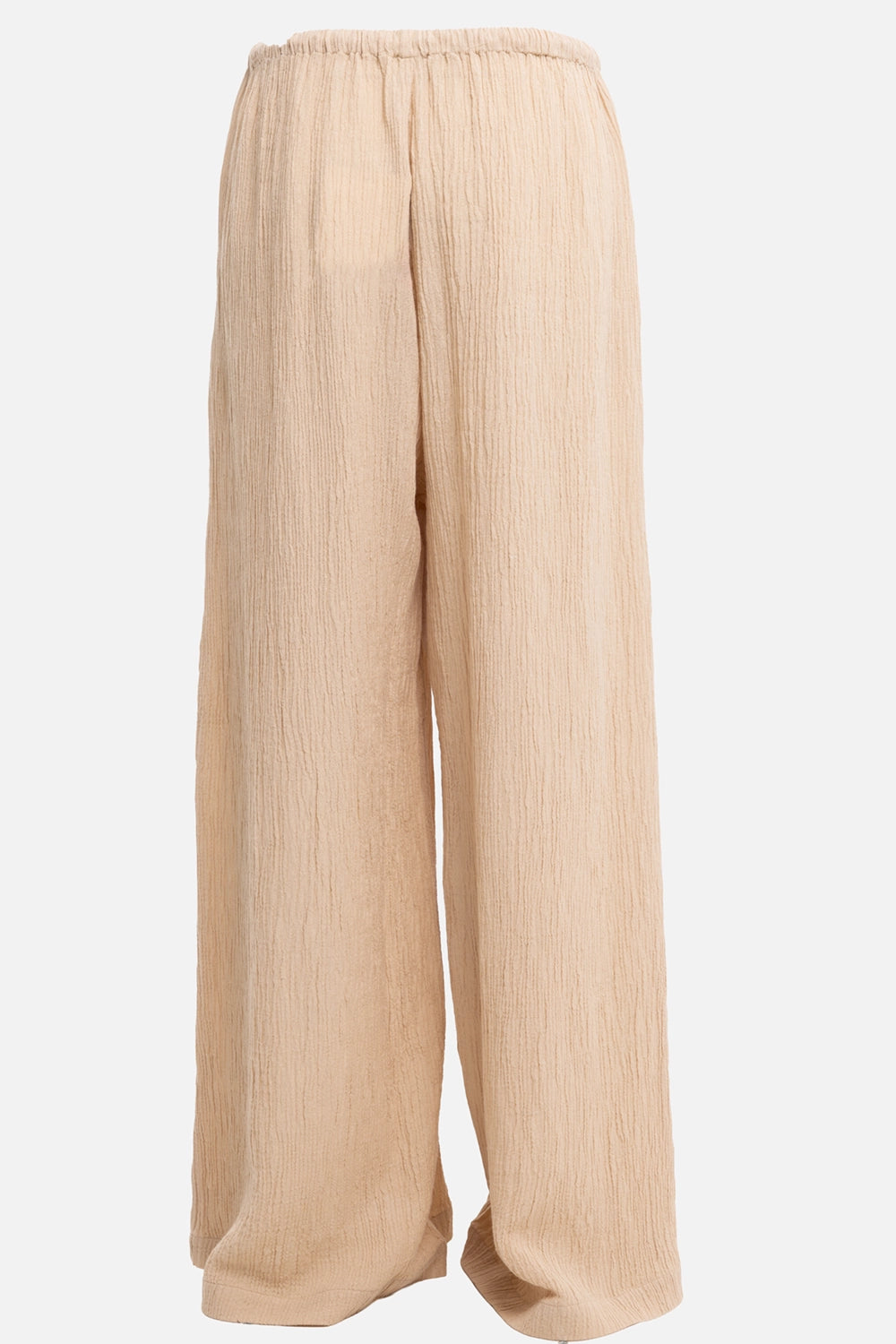 By Malene Birger women's wide-leg trousers in dark sand, back view, elastic waistband and crinkled texture