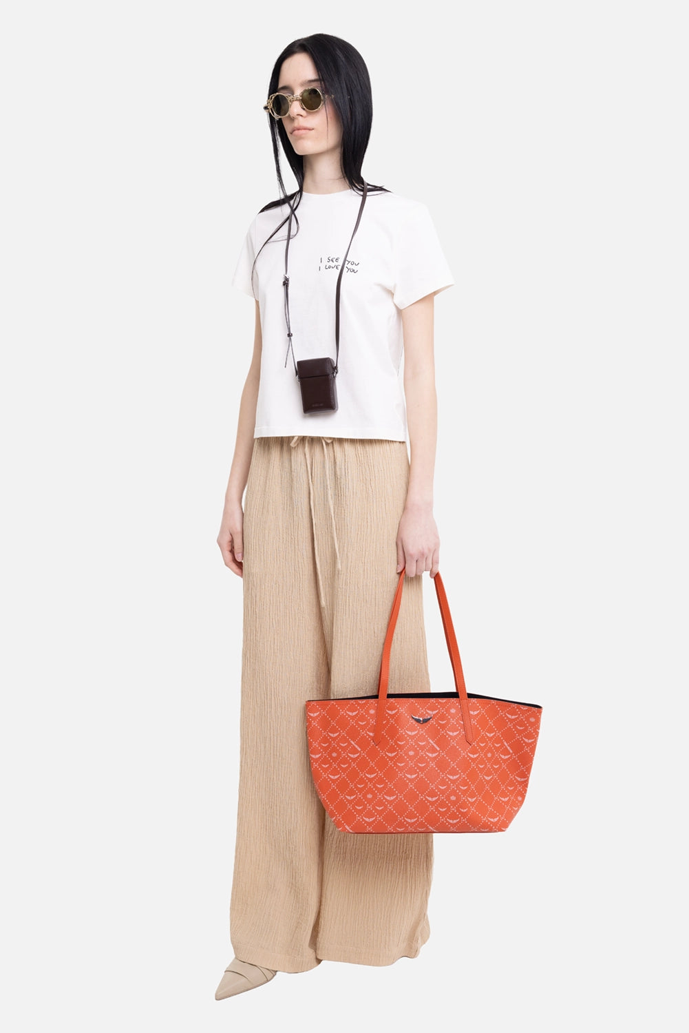 By Malene Birger women's wide-leg trousers in dark sand, on-model full-length, drawstring waist and loose leg