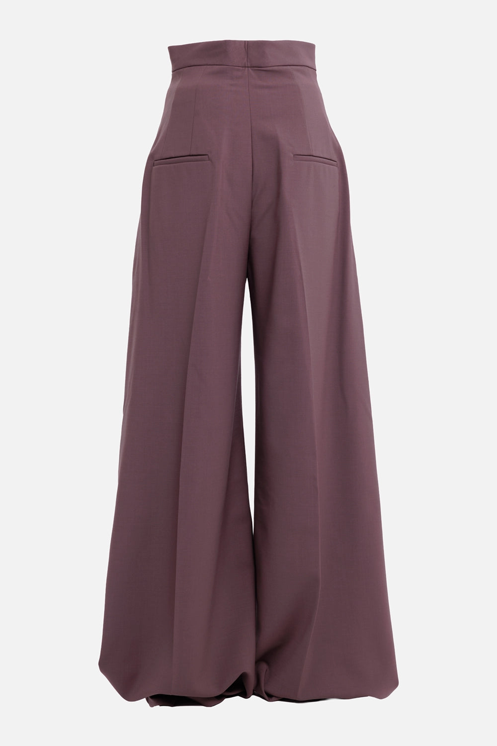 Rick Owens women's wide-leg trousers in Grape, back view with twin rear welt pockets and pressed creases