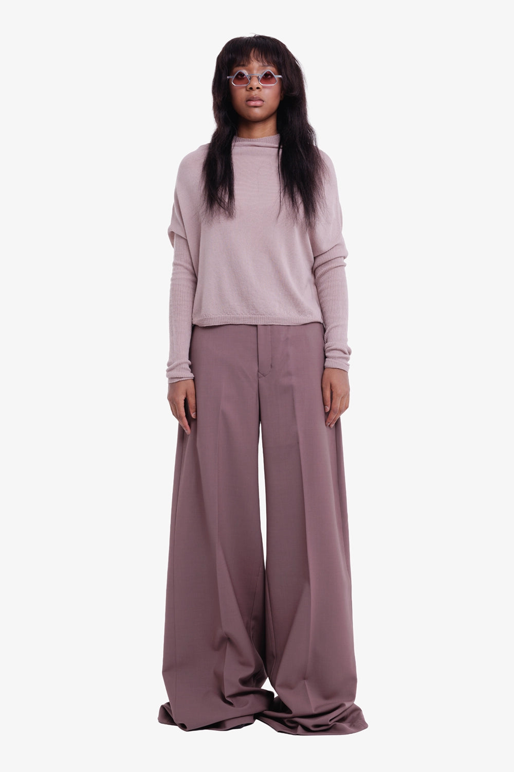 Rick Owens women's wide-leg trousers in Grape, full-length model view with high waist and pooled hems