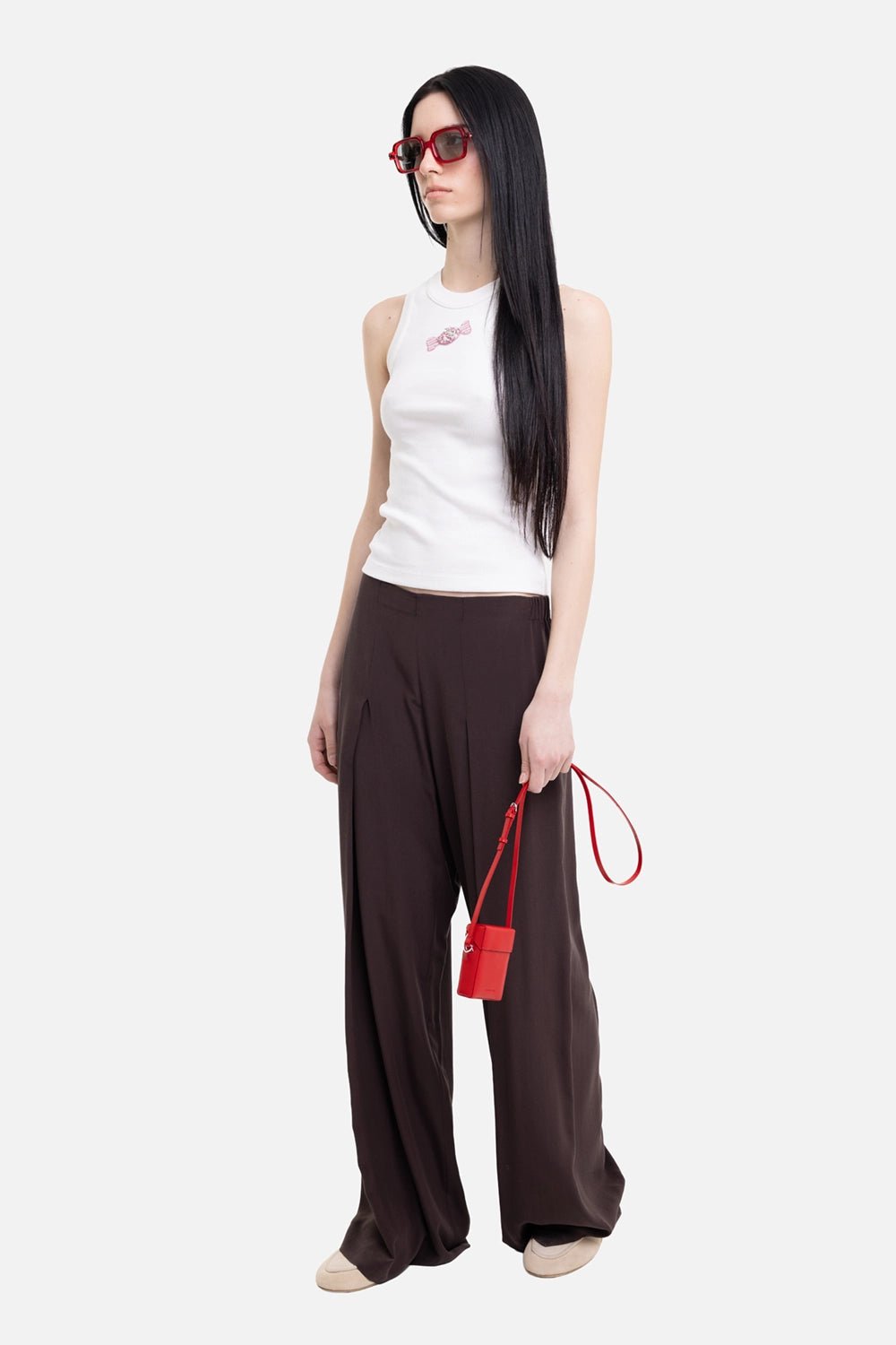 Gentry Portofino women's wide-leg trousers in moro, on-model full-length view, fluid drape and extra-long hem