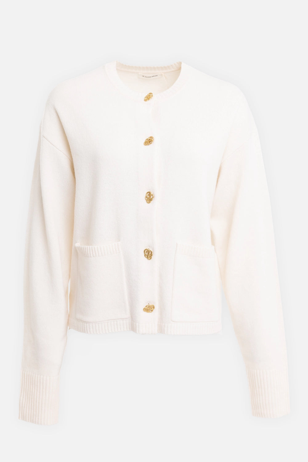 By Malene Birger women's wool cardigan in soft white, front view, round neck and gold-tone Scribble buttons