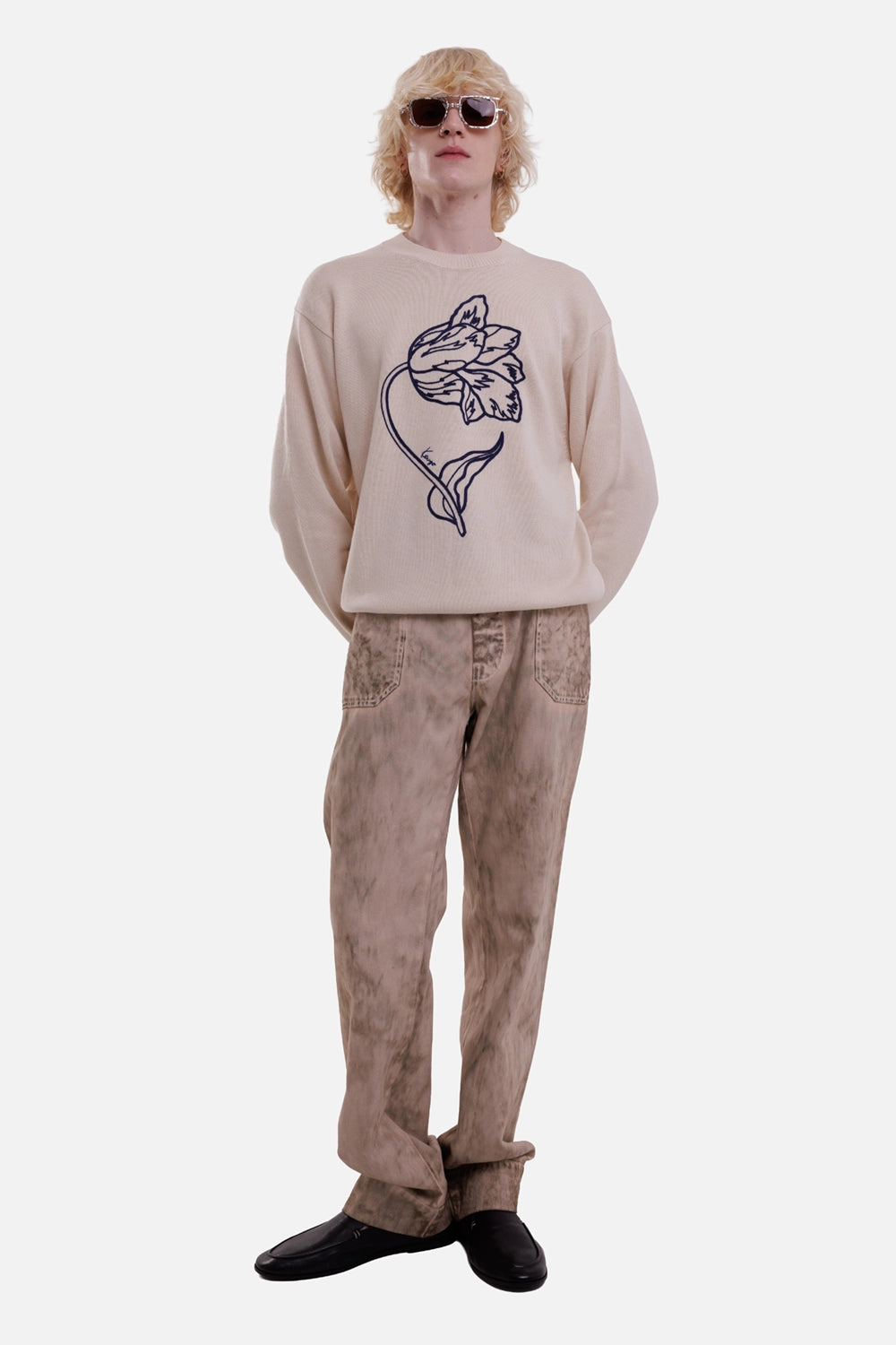 KENZO men's off-white wool-cotton jumper, full-length view with navy tulip embroidery and ribbed trims