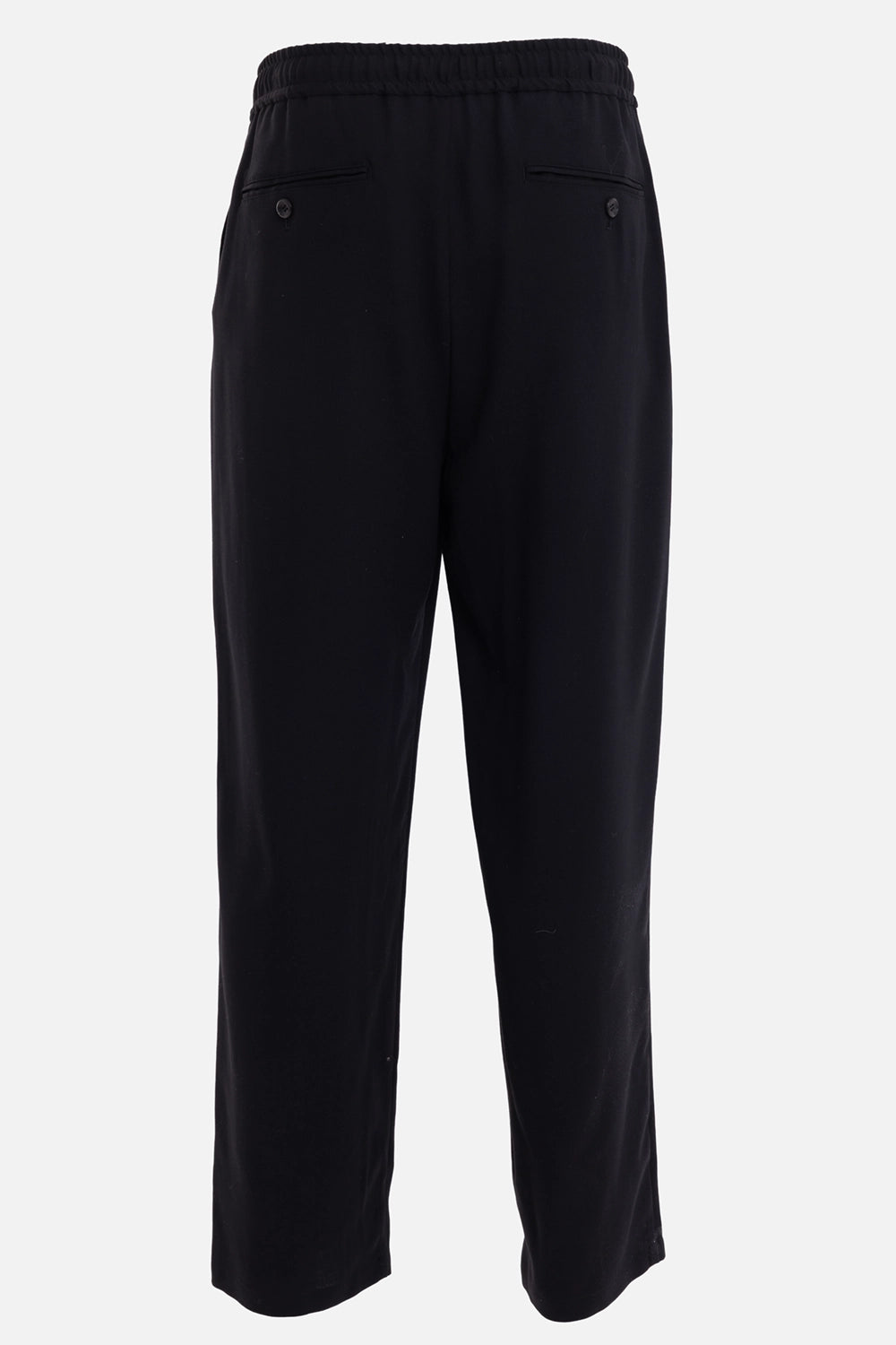 ATTACHMENT men's trousers in black, back view with buttoned welt pockets and elastic waistband
