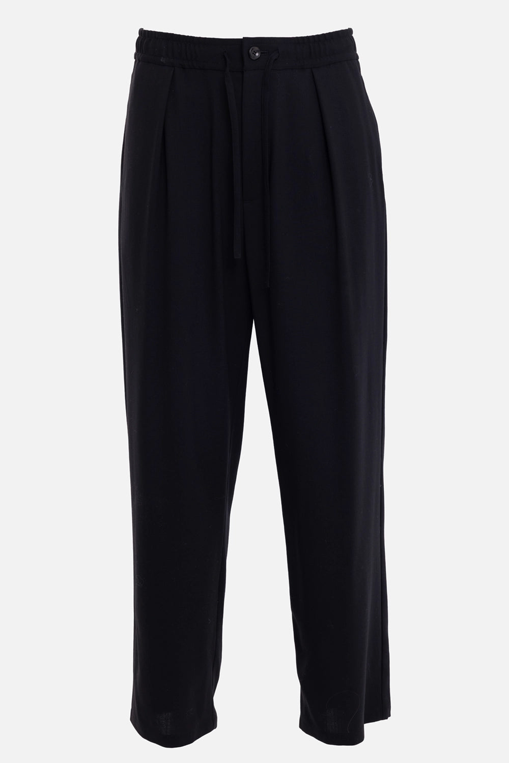 ATTACHMENT men's trousers in black, front view with drawstring waistband, front pleats and tapered leg