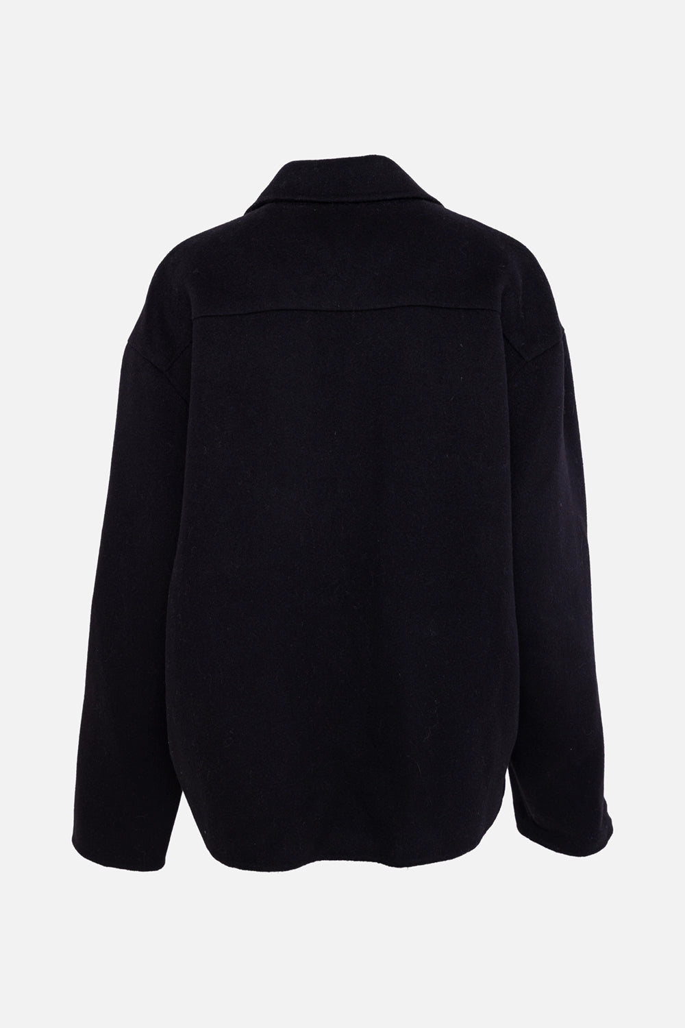 Pre-owned FRAME x Ritz Paris women's wool shirt jacket in black, back view, clean back panel with yoke seam