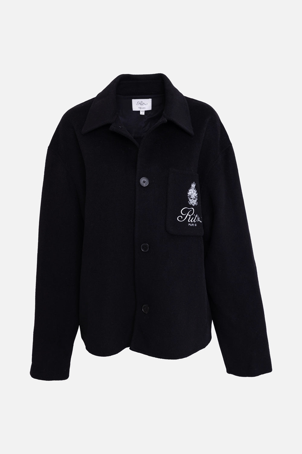 Pre-owned FRAME x Ritz Paris women's wool shirt jacket in black, front view, embroidered crest patch pocket