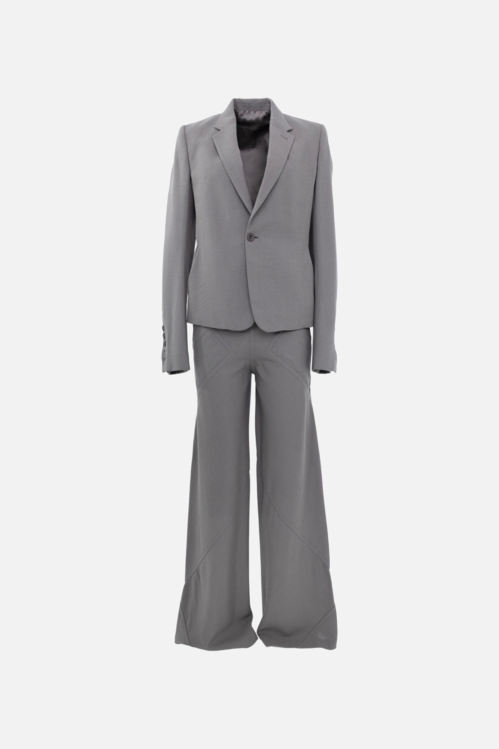 Pre-owned Rick Owens women's wool suit in grey, front view, single-button blazer and wide-leg trousers
