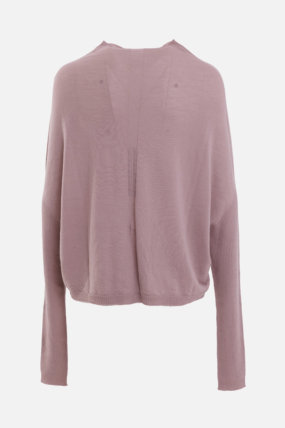 Rick Owens women's sweater in rose, back view with a centre knit seam and ribbed cuffs and hem