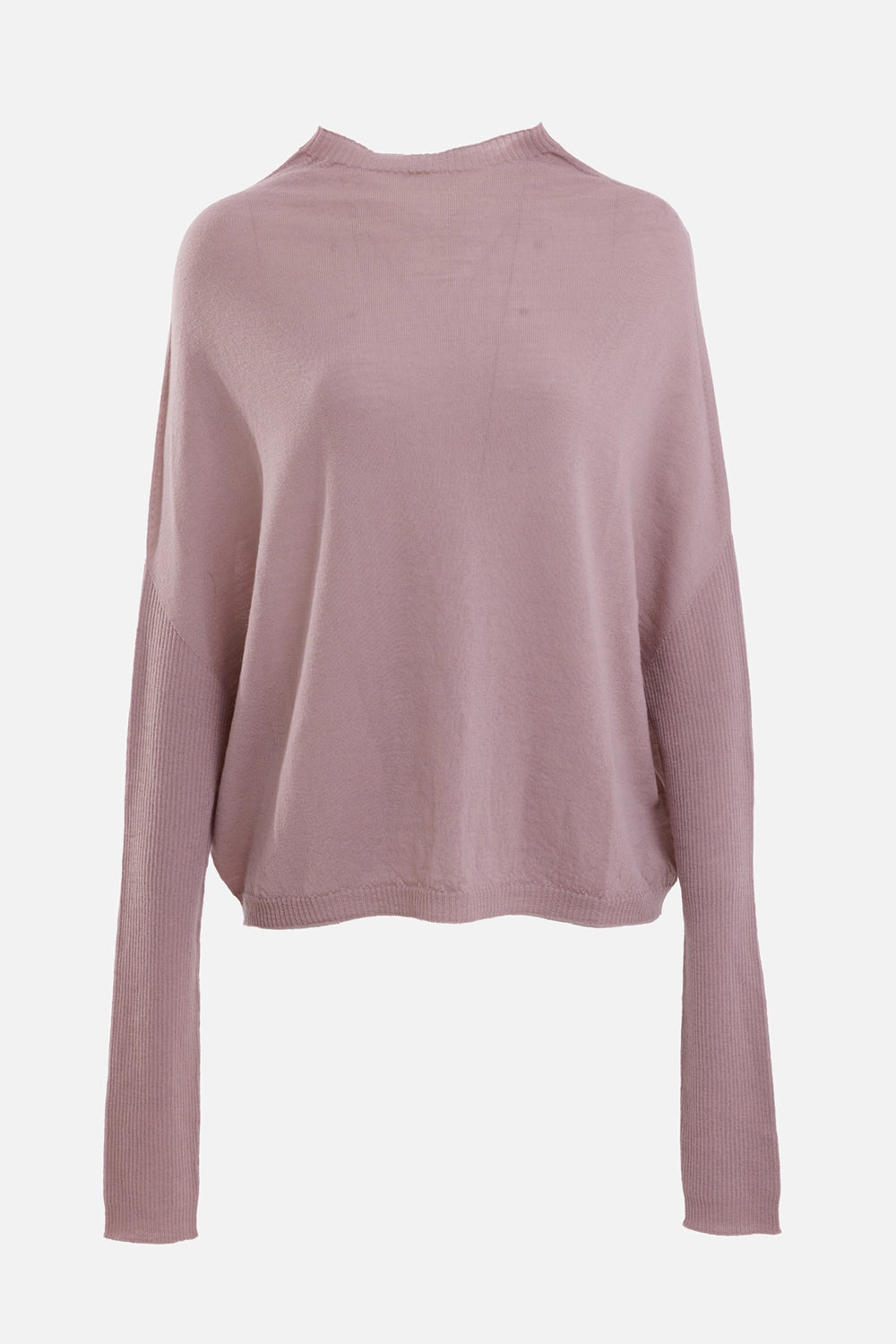 Rick Owens women's sweater in rose, front view with a high ribbed neck, wide body and elongated sleeves