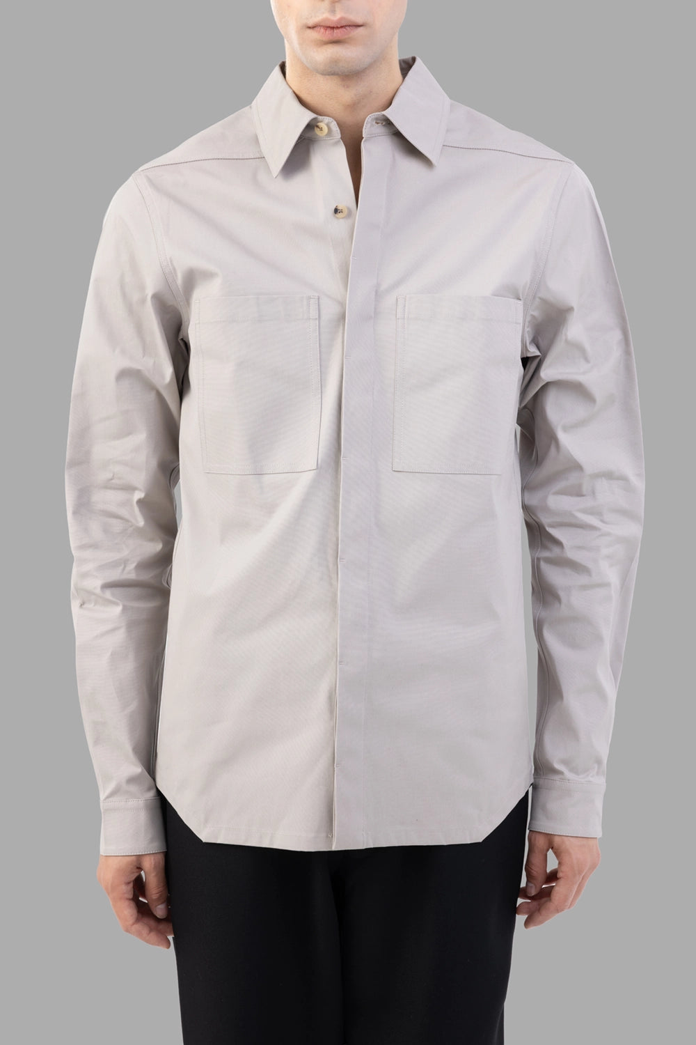 Rick Owens work shirt in pearl, front view, two chest pockets and clean concealed button placket