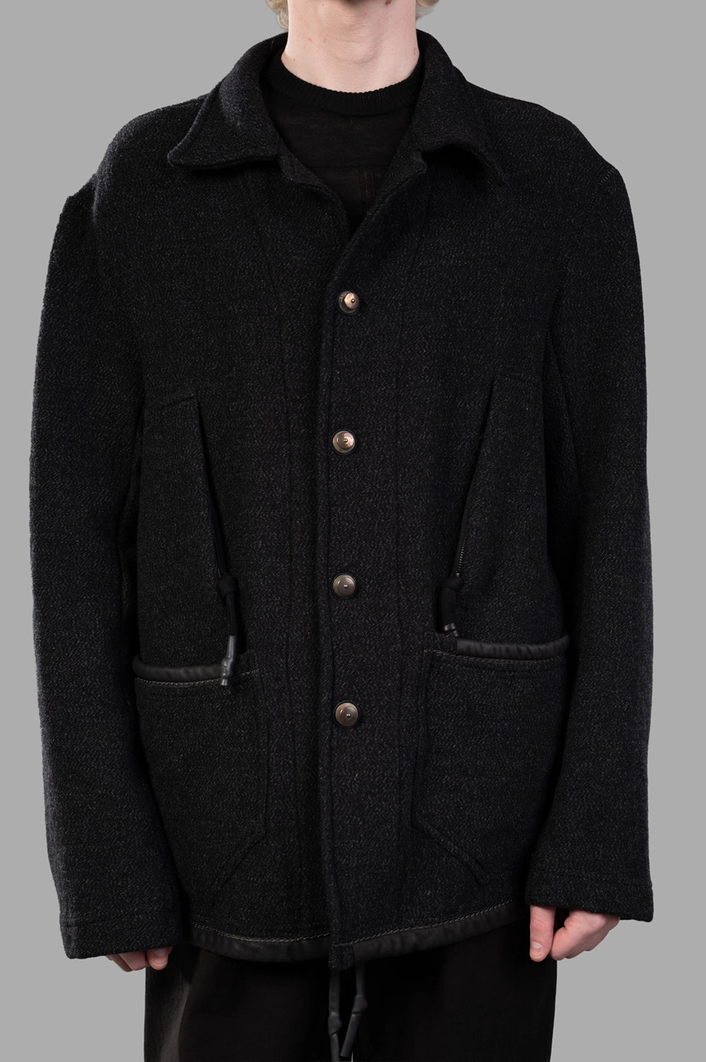 69 by Isaac Sellam worker jacket in Unique, on-model full length, patch pockets and leather-piped hem