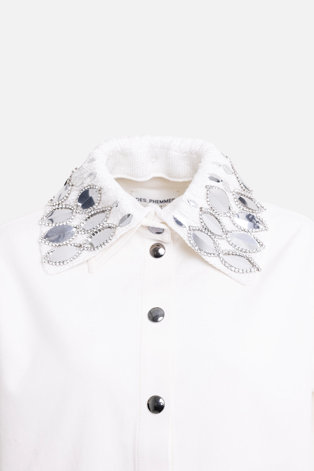 Des Phemmes women's workwear shirt in off white, collar detail, mirrored leaf appliqué and crystal trim