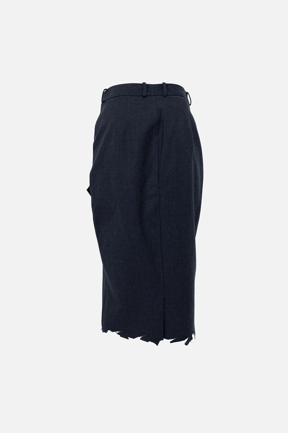 Pre-owned Vetements women's wrap midi skirt in dark navy, back view, belt loops and raw-cut hem