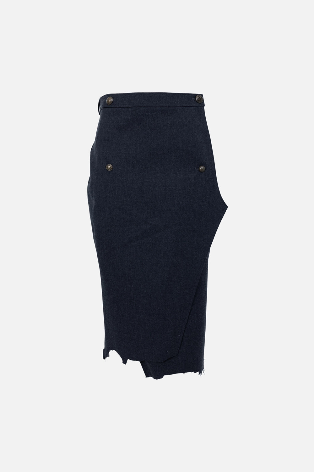 Pre-owned Vetements women's wrap midi skirt in dark navy, front view, asymmetric wrap panel with buttons
