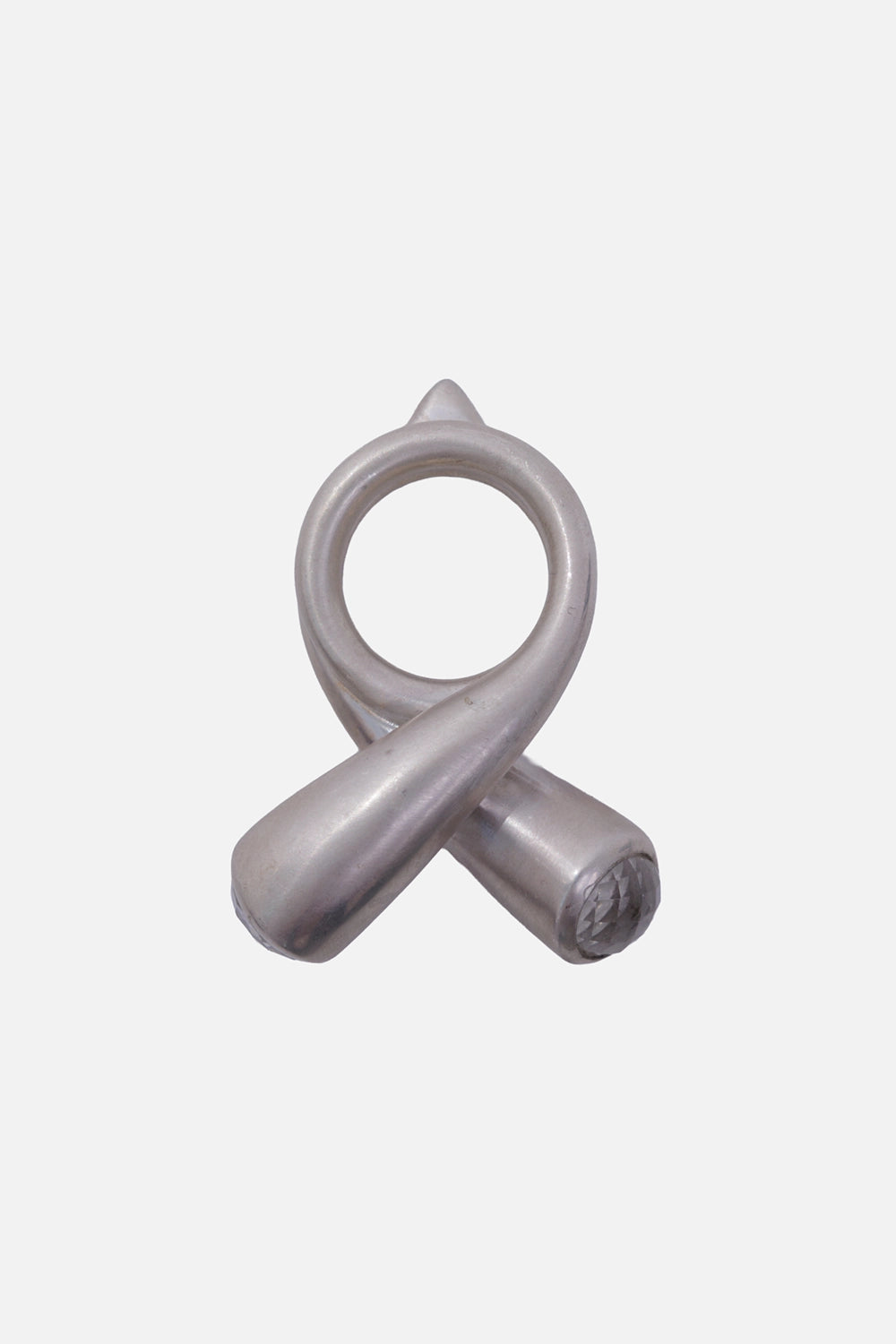 Kundo unisex wrap ring in silver-tone, back view with a circular opening, crossed band and faceted end stone