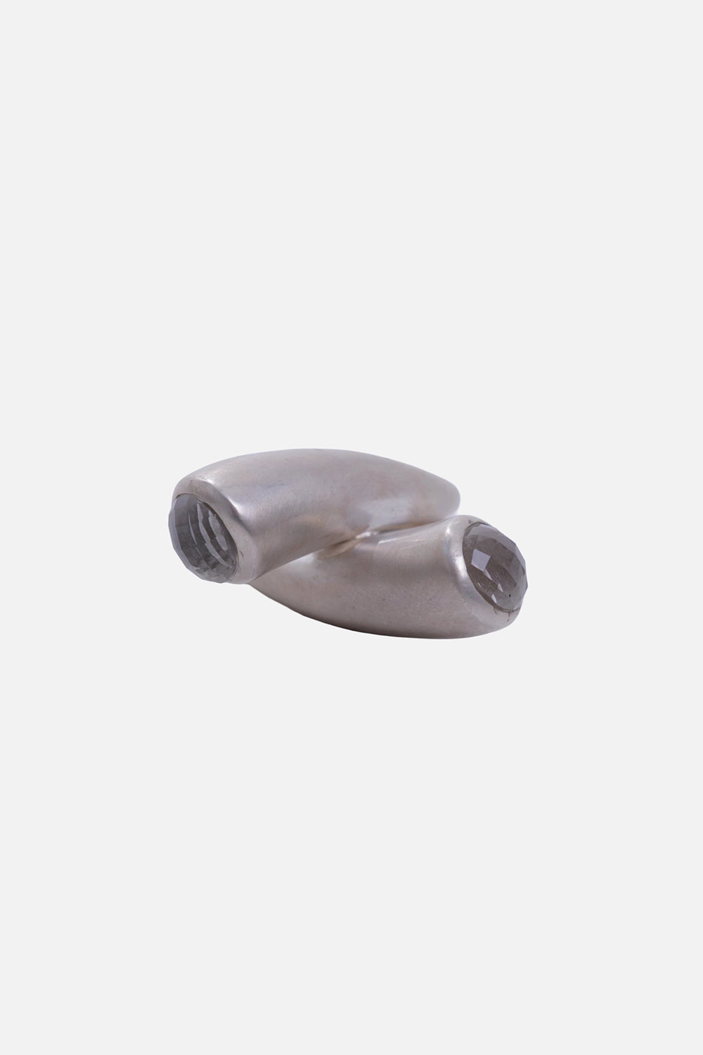 Kundo unisex wrap ring in silver-tone, front view with two faceted grey stones and a smooth crossover band
