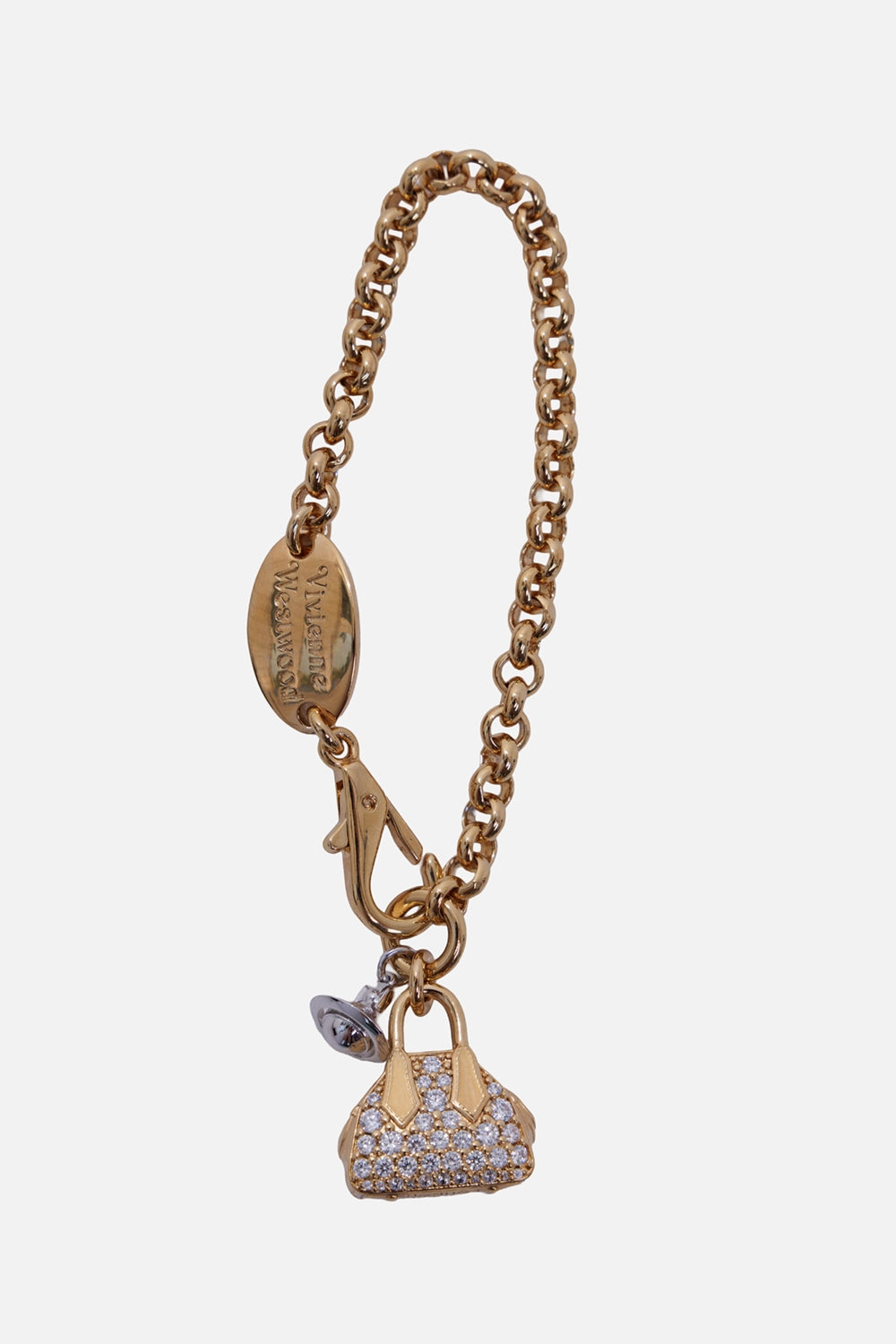 Vivienne Westwood women's Yasmine bracelet in platinum and gold, full view with crystal bag and Orb charms