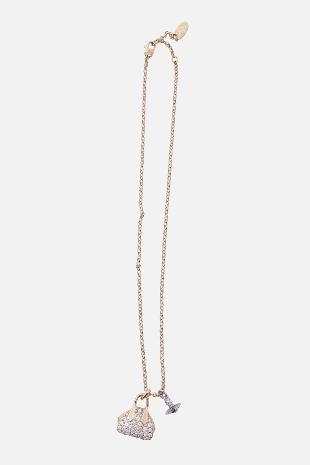 Vivienne Westwood women's Yasmine necklace in gold, full front view with crystal handbag pendant and silver-tone Orb charm