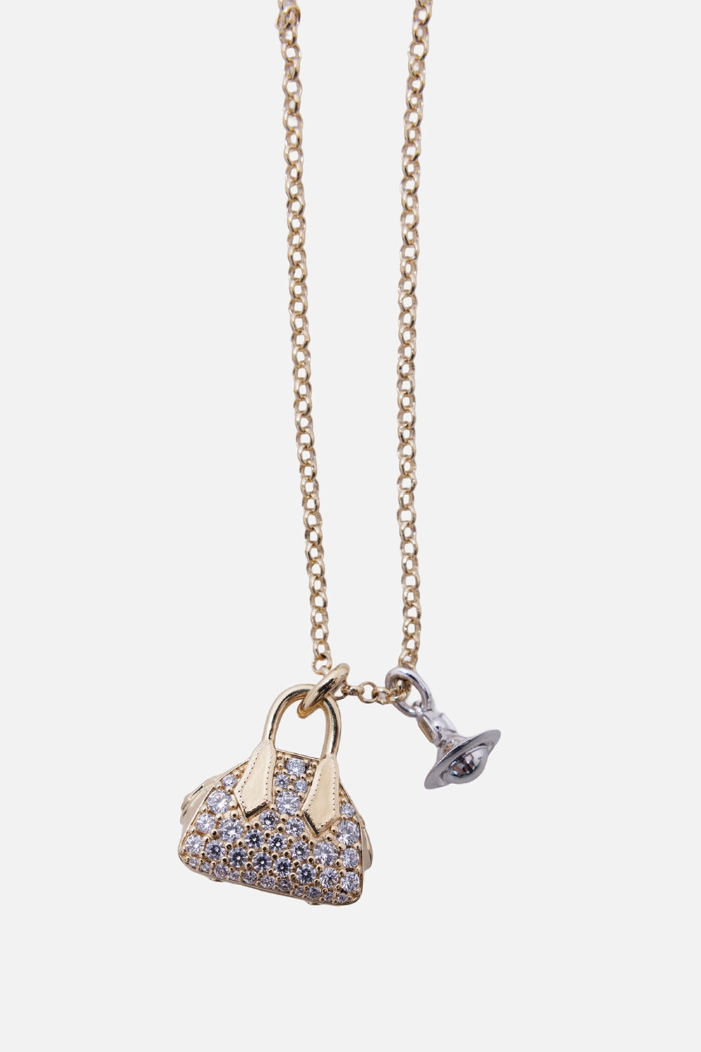 Vivienne Westwood women's Yasmine necklace in gold, pendant close-up with prong-set crystals and silver-tone Orb charm